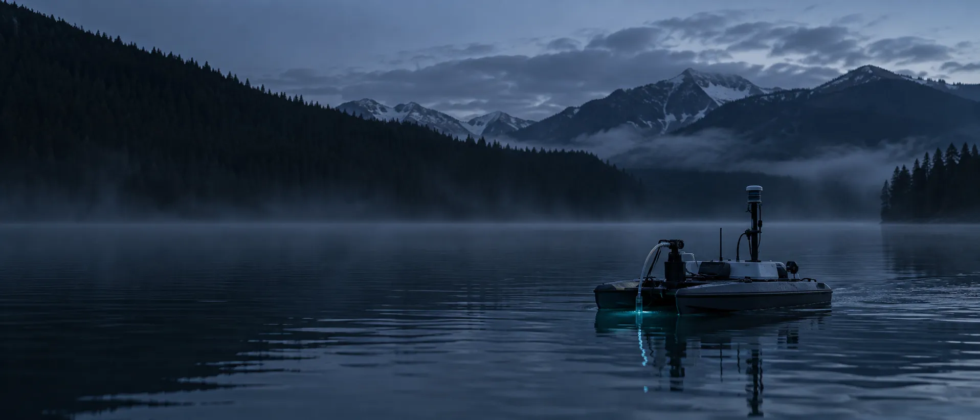 Concept rendering of an autonomous water-sampling vessel on a misty mountain lake