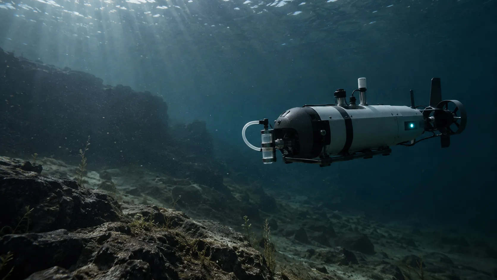 Concept rendering of an underwater environmental sampling robot above a lakebed